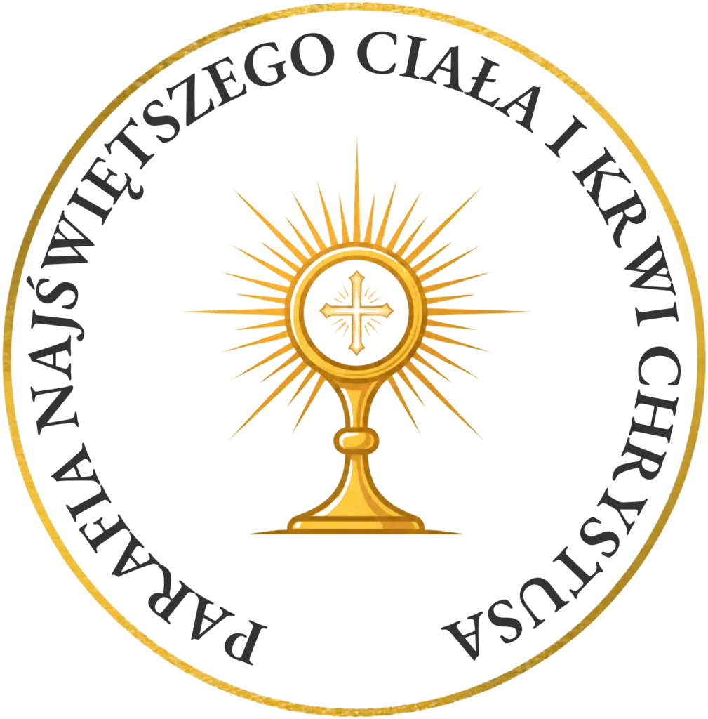Okrągłe logo Parafii Najświętszego Ciała i Krwi Chrystusa w Dąbrowie Górniczej – złota monstrancja otoczona nazwą parafii